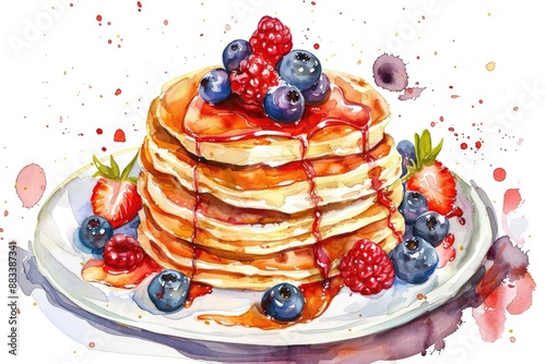 Wallpaper Mural Delicious Homemade Pancake Stack with Fresh Berries and Honey on White Background Torontodigital.ca