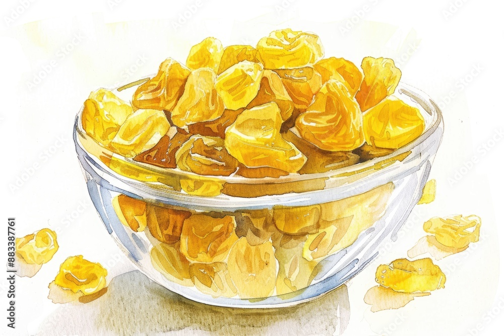 Dried Fruit Delight. Hand-painted Watercolor Illustration of Golden Raisins on White Background Dried Fruit Delight. Hand-painted Watercolor Illustration of Golden Raisins on White Background
