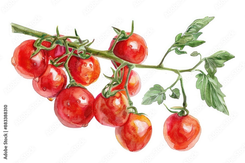 Fresh Cherry Tomatoes Watercolor Illustration Set. Isolated Hand Drawn Ripe Tomatoes on Branch Fresh Cherry Tomatoes Watercolor Illustration Set. Isolated Hand Drawn Ripe Tomatoes on Branch