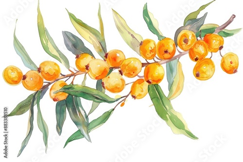 Fresh Sea Buckthorn Berries and Leaves on Branch. Watercolor Illustration of Ripe Orange Berries and Green Leaves