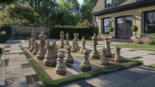 Suburban Colonial home with a custom outdoor chess set, with pieces made of local stone and a board of alternating grass and pavers