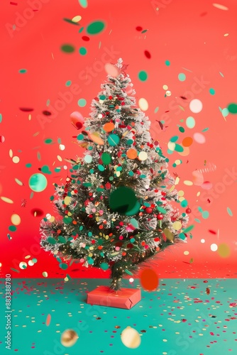 traditional Christmas tree on a bright red solid color background with flying red gold and green metallic confetti