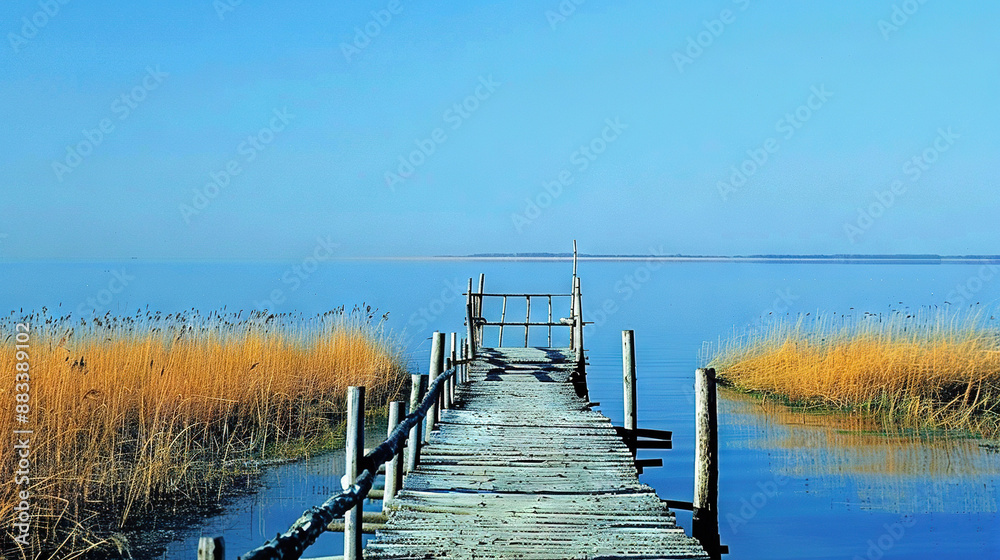 Obraz premium Wooden dock amidst grass and water