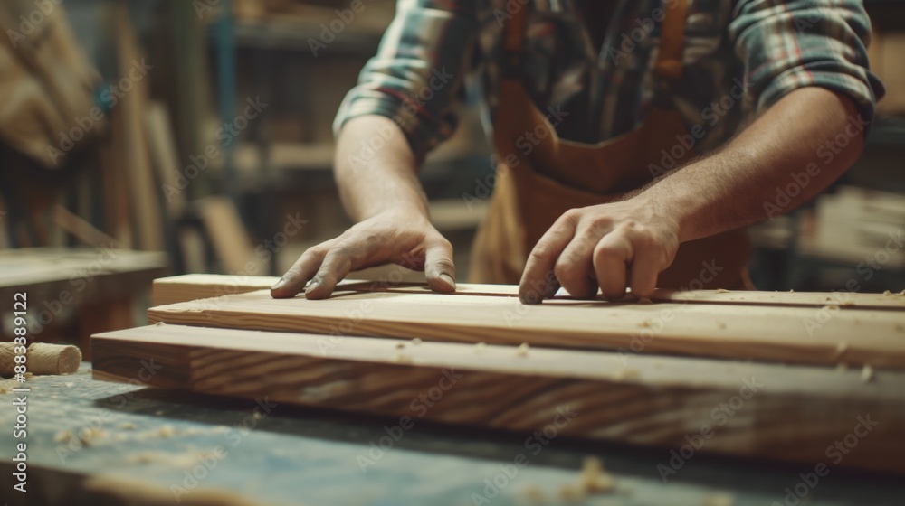 Close-up of a carpenter's hands working on a piece of wood in a workshop, surrounded by various woodworking tools and materials. Close-up of a carpenter's hands working on a piece of wood in a workshop, surrounded by various woodworking tools and materials.