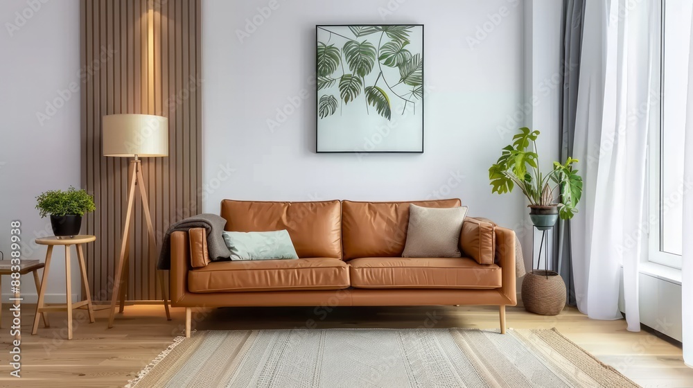 Fototapeta premium Cozy modern living room interior have leather sofa and decor accessories.