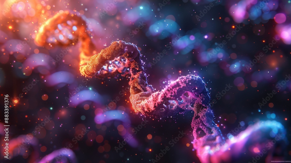 A vivid 3D representation of a DNA helix with glowing, futuristic elements in a scientific backdrop.