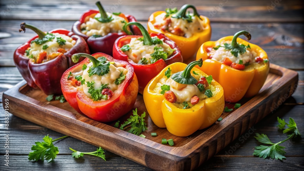 Vibrant stuffed bell peppers filled with melted cheese, crispy bacon, and fragrant fresh herbs, arranged on a dark wooden tray against a rustic background. Vibrant stuffed bell peppers filled with melted cheese, crispy bacon, and fragrant fresh herbs, arranged on a dark wooden tray against a rustic background.