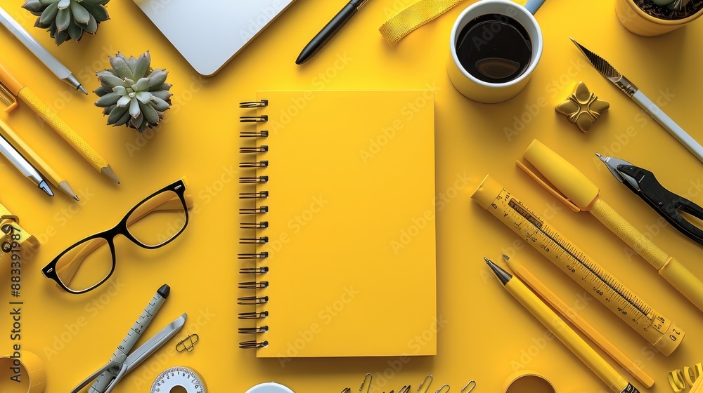 An arranged flat lay of a blank notebook and school supplies on a yellow surface. Sharp, vibrant, minimal. top view. Generative AI. An arranged flat lay of a blank notebook and school supplies on a yellow surface. Sharp, vibrant, minimal. top view. Generative AI.