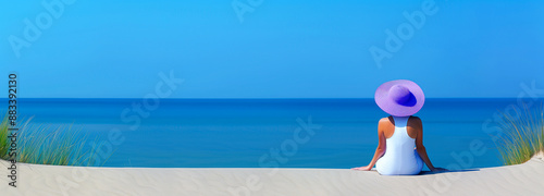 Woman in white summmer outift and purple hat sitting on sand dune, overlooking calm blue ocean. Relaxation and vacation concept.