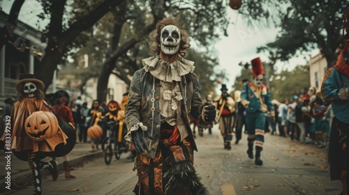 Wide shot of a Halloween parade in vintage style with natural light