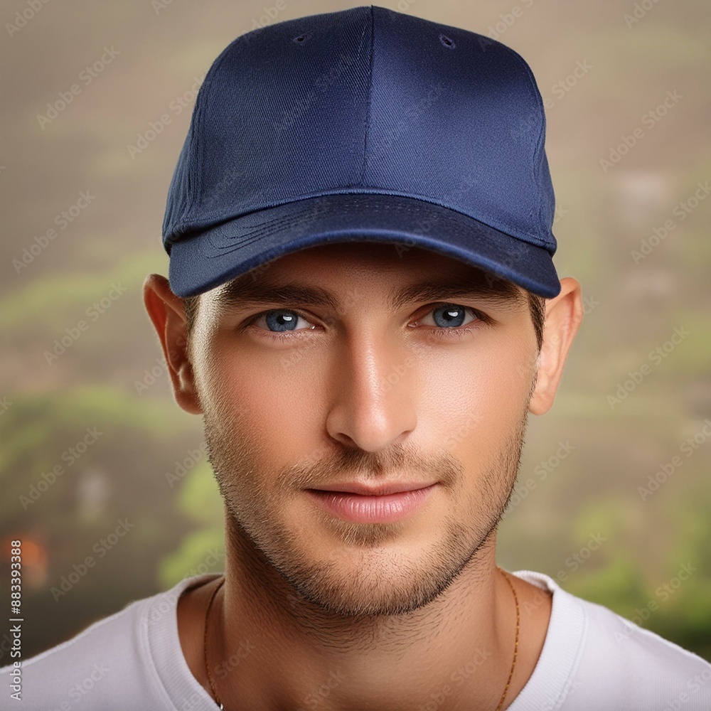 man wearing a blank blue baseball cap