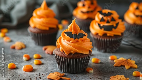 High angle shot of Halloween cupcakes in a minimalist style with soft light photo