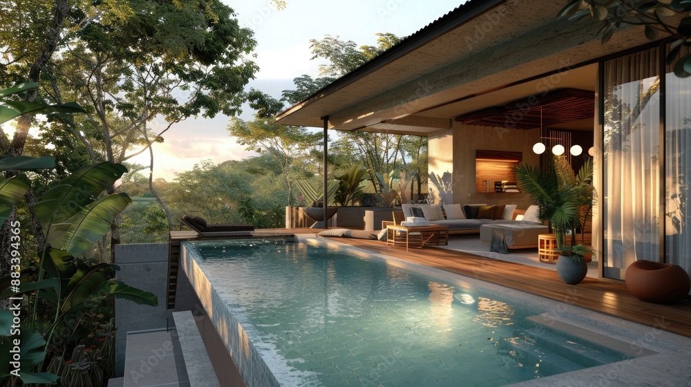 Fototapeta premium Experience the epitome of relaxation in this tranquil paradise featuring a stylish living space seamlessly connected to a breathtaking pool. 