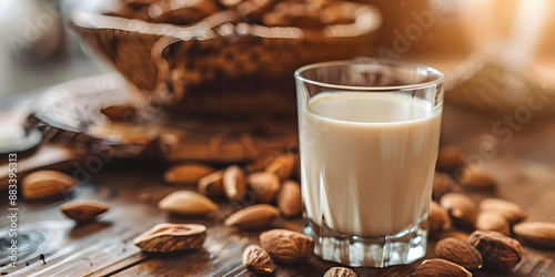 Selective focus on vegan almond milk in glass with blurred nuts. Concept Food Photography, Vegan Lifestyle, Almond Milk, Selective Focus, Blurred Background photo