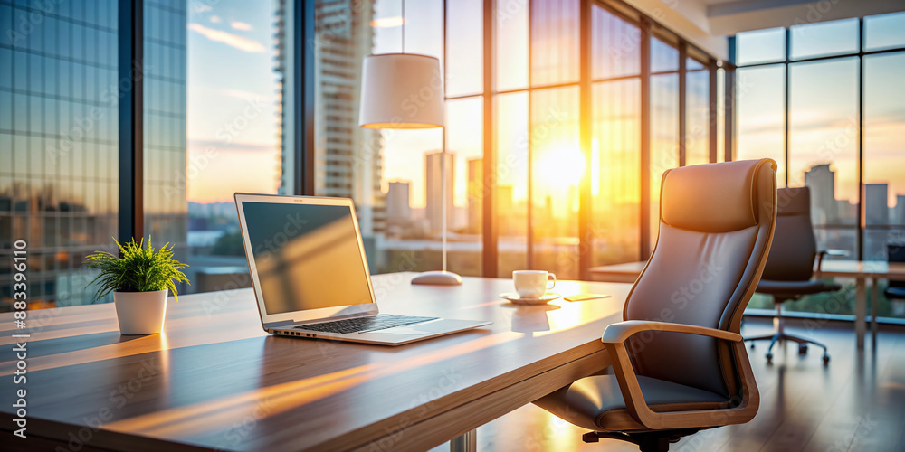 Modern office space filled with natural light, empty chair and laptop in focus, illuminated by screen glow, conveying productivity and ambition. Modern office space filled with natural light, empty chair and laptop in focus, illuminated by screen glow, conveying productivity and ambition.