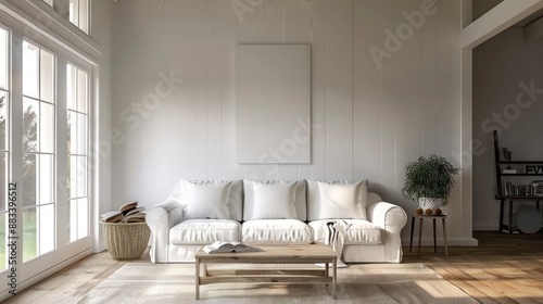 Frame Mockup Living room interior background in farmhouse style, Generative Ai.