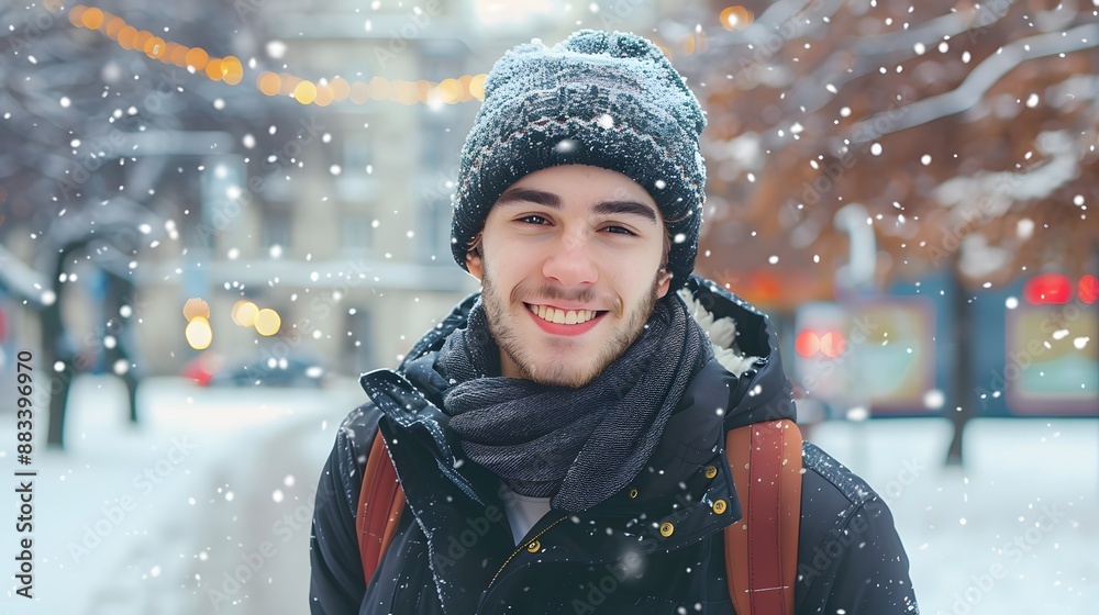 Handsome joyful man autumn portrait. Smiling men student wearing warm clothes in a city in winter. Handsome joyful man autumn portrait. Smiling men student wearing warm clothes in a city in winter.