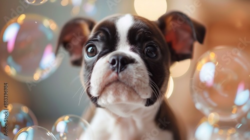 puppy with a playful expression, surrounded by bubbles.