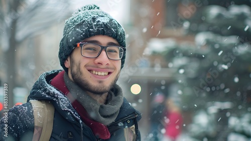 Handsome joyful man autumn portrait. Smiling men student wearing warm clothes in a city in winter. 