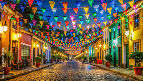 Vibrant summer night scene of a Brazilian city street decorated with colorful garlands, lanterns, and traditional Festa Junina elements, evoking a festive atmosphere.