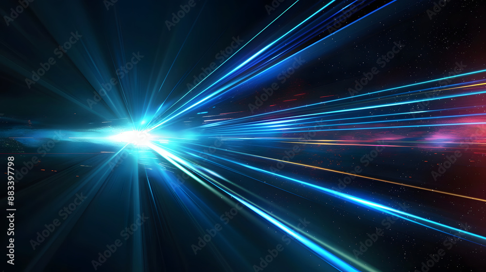 Fototapeta premium Blue laser beam effect dash with high-speed shine and emit colorful light on dark black background convey sense of energy move in straight line dynamic on cosmic perfect for science fictional.