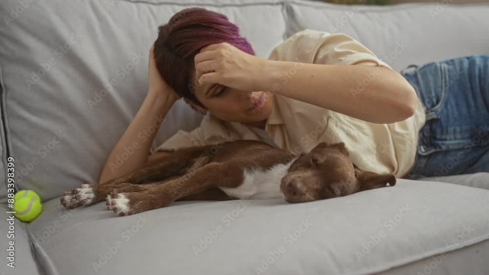 A young woman with purple hair lies affectionately with her sleeping dog on a comfortable couch in a cozy living room. A young woman with purple hair lies affectionately with her sleeping dog on a comfortable couch in a cozy living room.