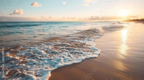 Beautiful beach at sunset, gentle waves lapping the shore, ultimate relaxation and peaceful vibe