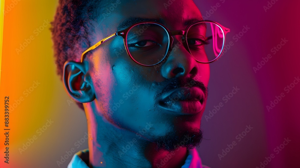 The retro wave or synth wave portrait of a young happy serious african man at studio. High Fashion male model in colorful bright neon lights posing on black background. Art design concept. The retro wave or synth wave portrait of a young happy serious african man at studio. High Fashion male model in colorful bright neon lights posing on black background. Art design concept.