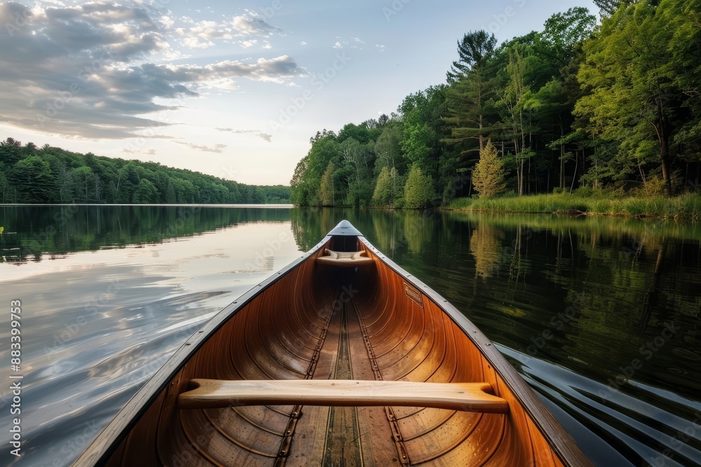 Calm lake with a canoe, ideal for leisure, serene and peaceful setting Calm lake with a canoe, ideal for leisure, serene and peaceful setting