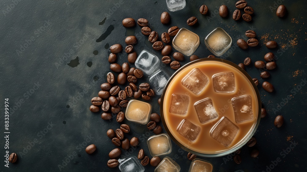 Top-down view of iced coffee with ice cubes surrounded by scattered coffee beans on a dark surface. Top-down view of iced coffee with ice cubes surrounded by scattered coffee beans on a dark surface.