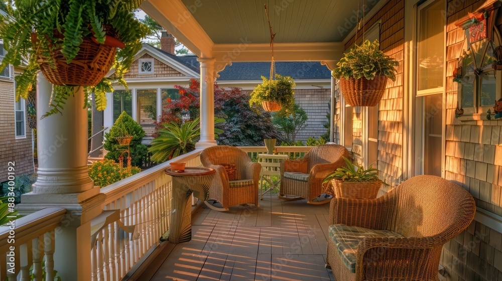 Fototapeta premium Front porch of a Suburban Cape Cod home, adorned with hanging plants and wicker furniture, morning light