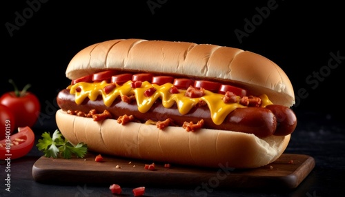 Gourmet Hot Dog with Mustard and Toppings Served with Beer - Classic American Fast Food