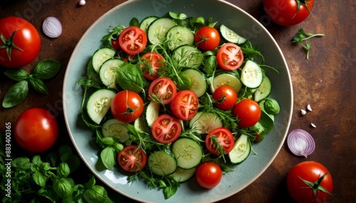 Fresh Mediterranean Salad with Tomatoes, Cucumbers and Basil in Bowl - Healthy Vegan Food