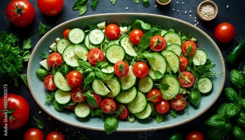 Fresh Mediterranean Salad with Tomatoes, Cucumbers and Basil in Bowl - Healthy Vegan Food