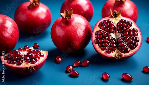 Fresh Ripe Pomegranates on Blue Background - Whole and Cut Fruit with Seeds