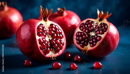 Fresh Ripe Pomegranates on Blue Background - Whole and Cut Fruit with Seeds