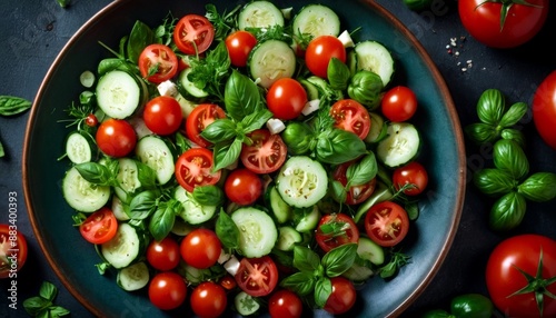 Fresh Mediterranean Salad with Tomatoes, Cucumbers and Basil in Bowl - Healthy Vegan Food