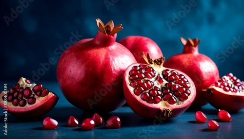 Fresh Ripe Pomegranates on Blue Background - Whole and Cut Fruit with Seeds