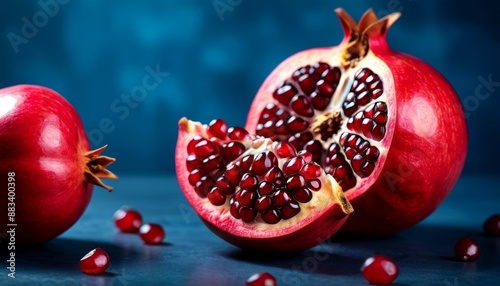 Fresh Ripe Pomegranates on Blue Background - Whole and Cut Fruit with Seeds