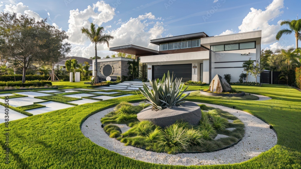 Front lawn of a Suburban Modern home with artistic landscaping, featuring abstract shapes and a variety of textures Front lawn of a Suburban Modern home with artistic landscaping, featuring abstract shapes and a variety of textures