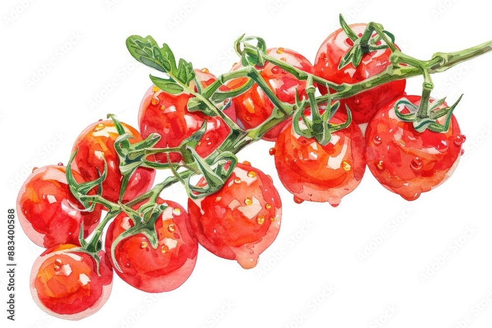Hand-Drawn Watercolor Illustration of Fresh Cherry Tomatoes on Vine, Isolated on White Background Hand-Drawn Watercolor Illustration of Fresh Cherry Tomatoes on Vine, Isolated on White Background