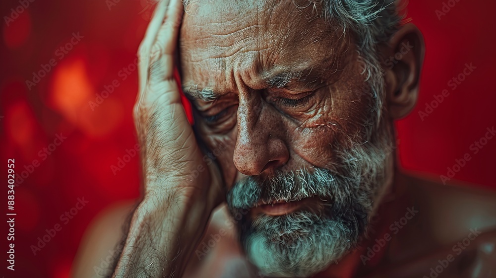 sick elderly man holding his head with his hand, headache, red background sick elderly man holding his head with his hand, headache, red background