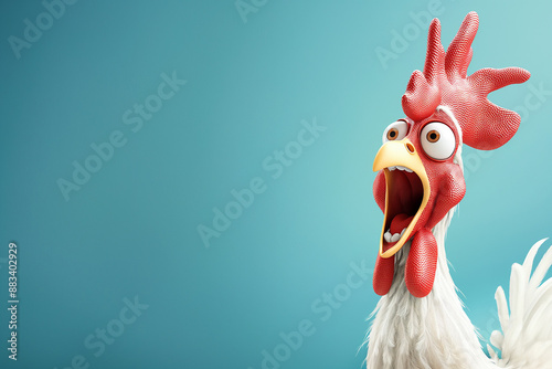 crazy rooster driving steering wheel, funny shocked cartoon character rooster on blue background, generative ai