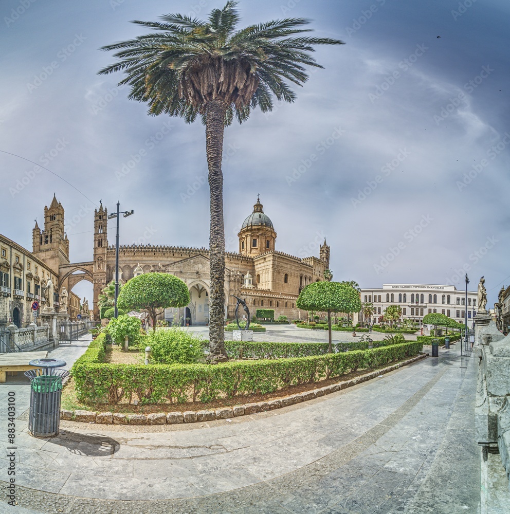 Fototapeta premium Panoramic picture of Palermo Cathedral and the forecourt without people