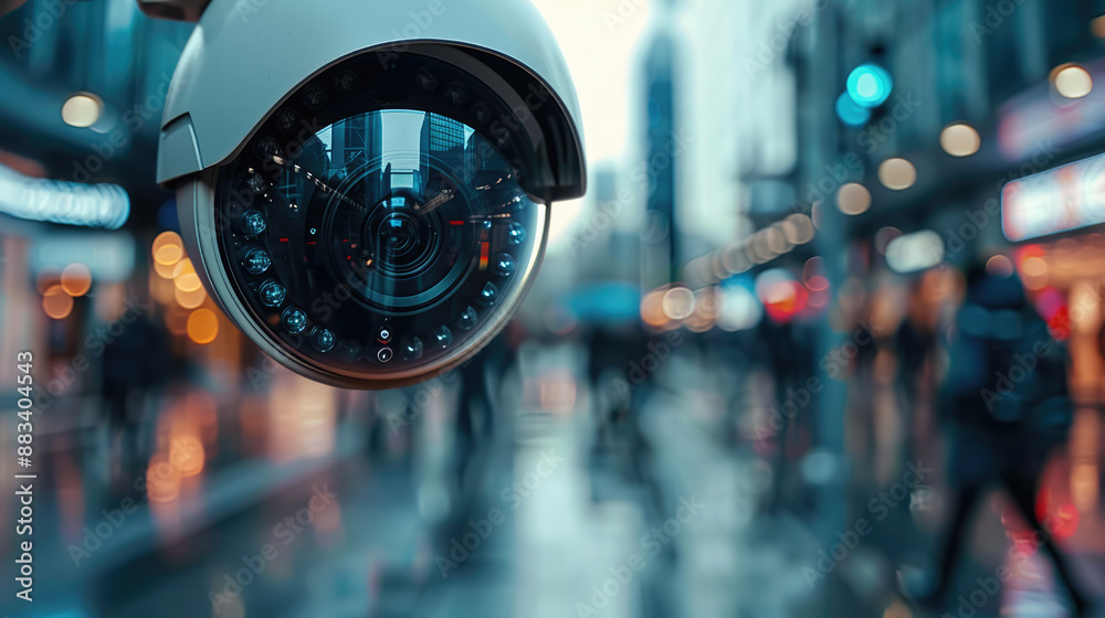 Close-up of a security camera lens reflecting panorama of business buildings looking secure and people walking around, night time. Generative AI. Close-up of a security camera lens reflecting panorama of business buildings looking secure and people walking around, night time. Generative AI.