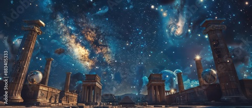 Ancient ruins under a starry night sky with a stunning Milky Way, blending historical architecture and celestial beauty.