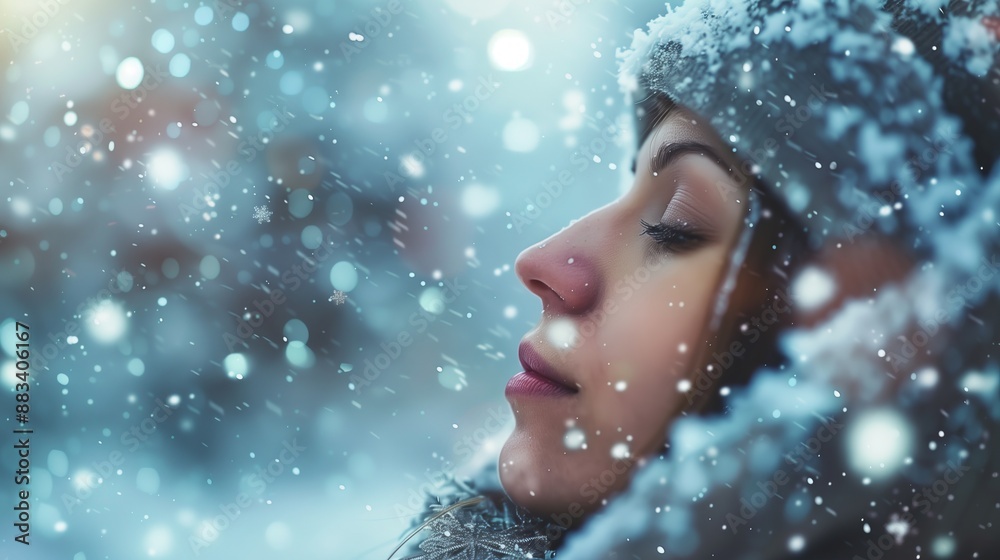 a woman in a winter wonderland, with a soft focus and bokeh effect making the snowflakes and icy landscape appear dreamlike and magical. a woman in a winter wonderland, with a soft focus and bokeh effect making the snowflakes and icy landscape appear dreamlike and magical.