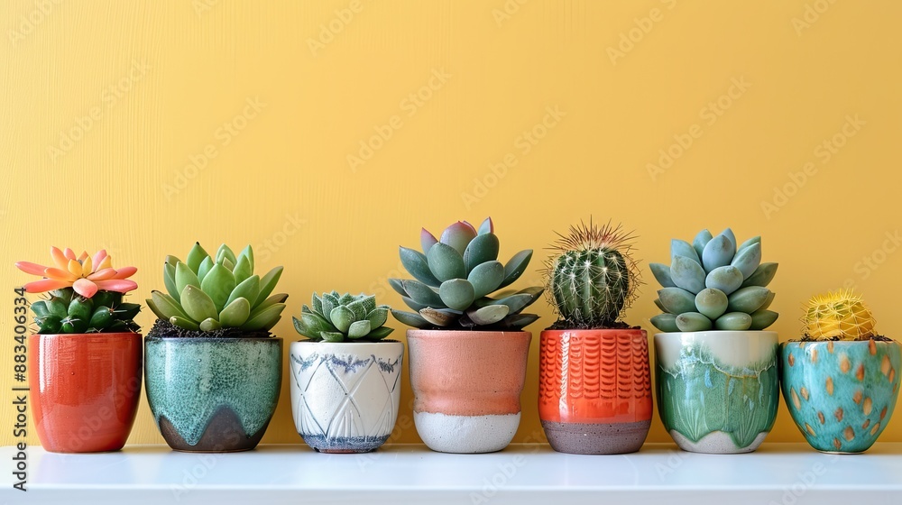 Colorful Succulent and Cactus Collection in Artistic Pots Against Yellow Background Colorful Succulent and Cactus Collection in Artistic Pots Against Yellow Background