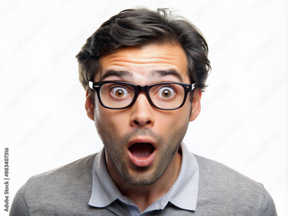 surprised man with glasses on white background, emotional man, guy with glasses, surprise