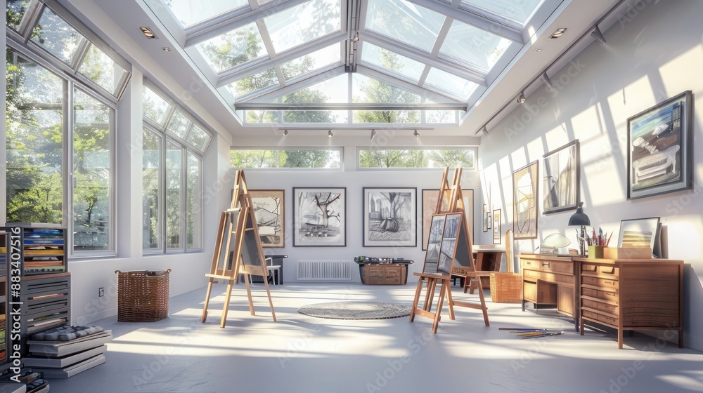 Suburban Contemporary artist's studio with large skylights, easels, and a gallery wall for displaying artwork Suburban Contemporary artist's studio with large skylights, easels, and a gallery wall for displaying artwork